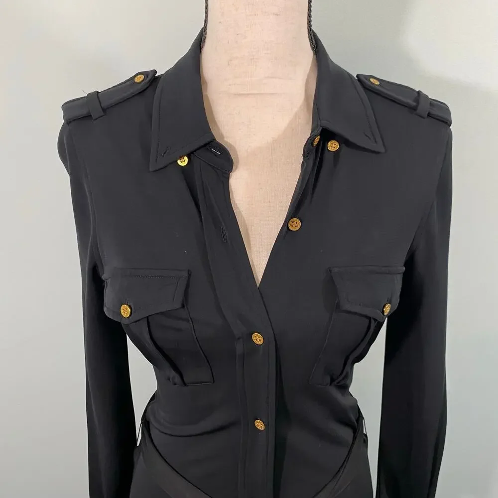Tory Burch Women Black with Gold Buttons Button Up Jersey Shirt Dress Size XS